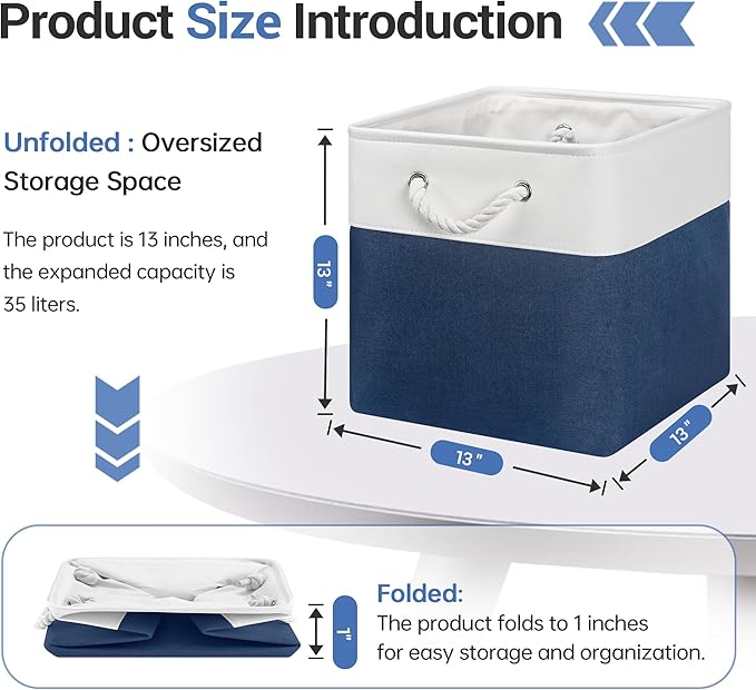 13x13 Inch Cube Storage Bins with Reinforced Bottom Cardboard, 6 Pack Large Foldable Fabric Storage Cubes with Handles for Shelf, Closet, Laundry Organization (White&Navy Blue)