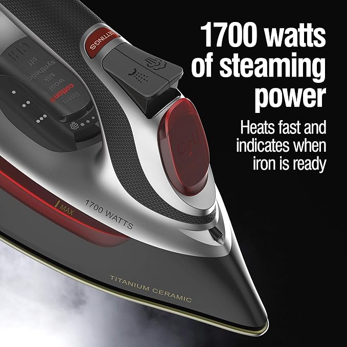 CHI Steam Iron for Clothes with Electronic Temperature Control, Titanium Infused Ceramic Soleplate, 1700 Watts, XL 10’ Cord, 3-Way Auto Shutoff, 300+ Holes, Professional Grade, Silver (13107)