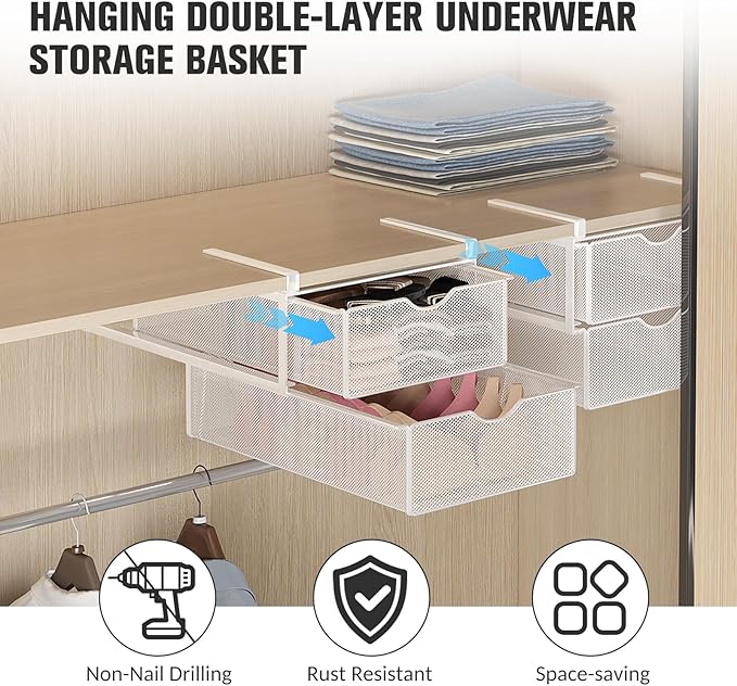 Drawer Organizers and Hanging Shelves, Double-layer Multifunctional Mesh Storage Basket for Underwear, Socks, Bras, Panties Space-Saving Pull-Out Organizer for Closet, Wardrobe, Bedroom