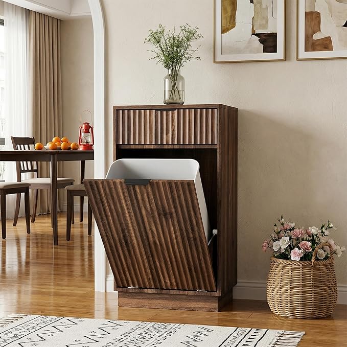 Tilt-Out Trash Cabinet with 10-Gallon Capacity, Walnut Laundry Hamper Cabinet, 34.3 x 19 x 13.8 inches, Wave-Textured Front.