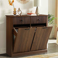 Double Tilt Out Laundry Hamper Cabinet, Modern Fluted Trash Can Cabinets with Drawer, Wooden 22 Gallon Hidden Garbage Cabinet for Kitchen and Bathroom (Brown, Full)