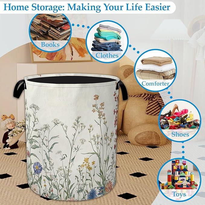 Vintage Floral Laundry Basket Collapsible Laundry Hamper with Handle, Oxford Clothes Toy Storage Bin for Bathroom Bedroom Room Decor, Gift Basket 16" X 20.8"