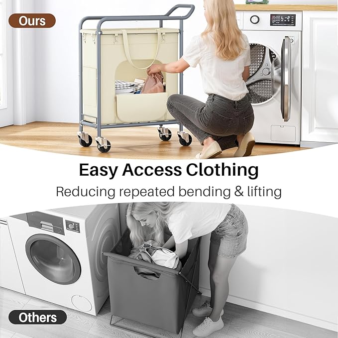 Laundry Basket with Wheels,150L Large Rolling Laundry Hamper, Heavy-Duty Laundry Cart Sturdy Metal Frame with Handle, Minimizes Bending Easy Access Clothing for Bedroom, Bathroom, Laundry Room (Beige)
