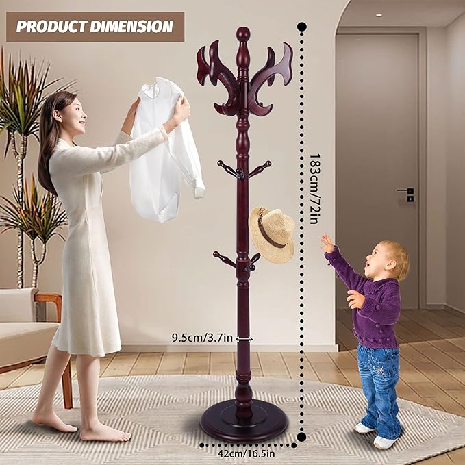 Solid Wood Coat Rack Freestanding with 14 Hooks Antler Shaped,72'' Adjustable Heights Sturdy Coat Racks Tree for Coats Hats Bags,Vintage Wood Coat Tree Hanger Stand for Living Room,Entryway,Office