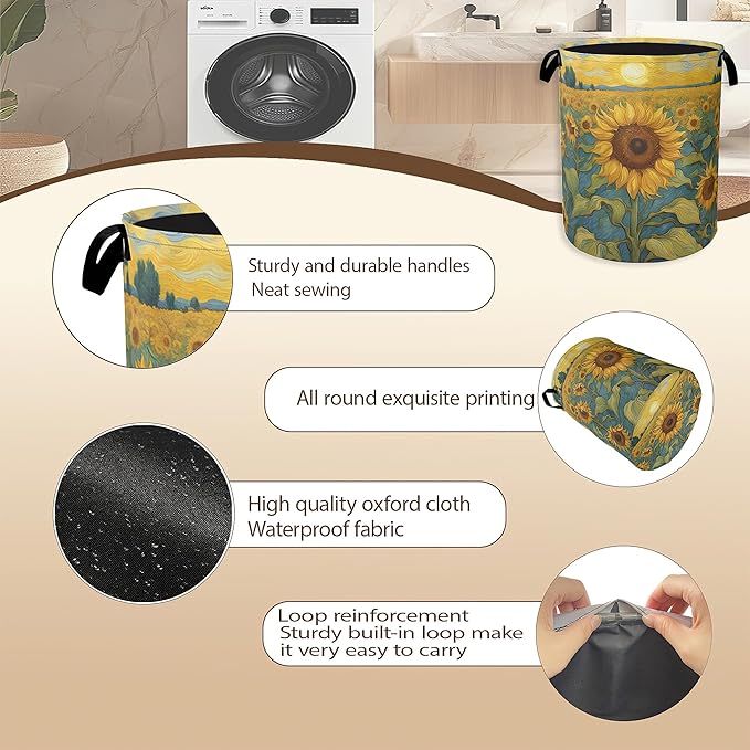 Retro Sunflower Field Laundry Basket,Rustic Farmhouse Clothes Hamper,Oxford Cloth Collapsible Nursery Hamper Storage Organization for Bedroom,Bathroom,Office,College Dorms,16x20 Inch