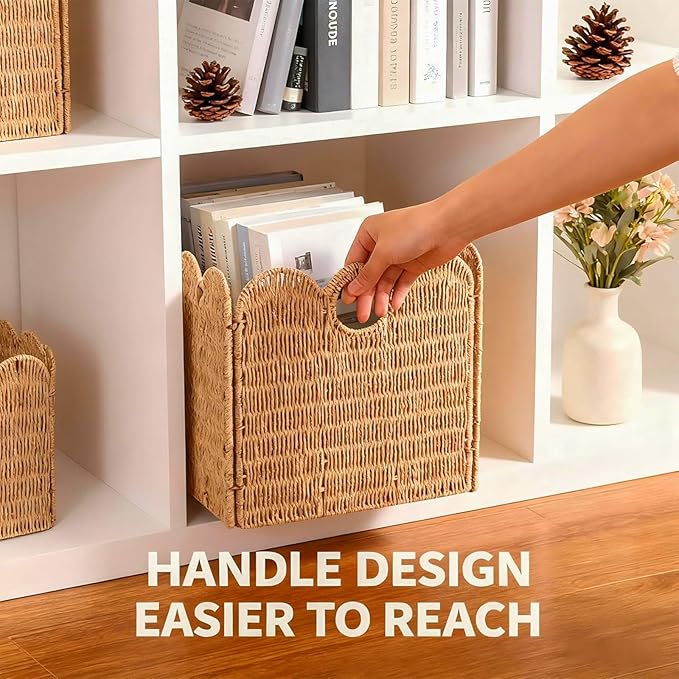 Scalloped Wicker Storage Cubes Basket, 12”x12“ Heavy Duty Paper rope/Hyacinth/Seagrass Baskets for Shelves, Foldable Natural Boho Square Bins (Paper Rope, 12 x 12 x 12in, 4-Pack)