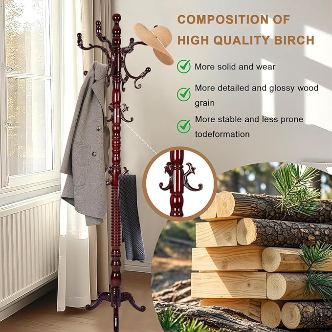 Solid Wood Coat Rack, Free Standing Hall Coat Tree with 14 Hooks, 3 Height Options, 300lbs Load, Stury Base, Clothes Rack for Entryway, Hallway, Bedroom (Tri-legged Base - Rosewood)
