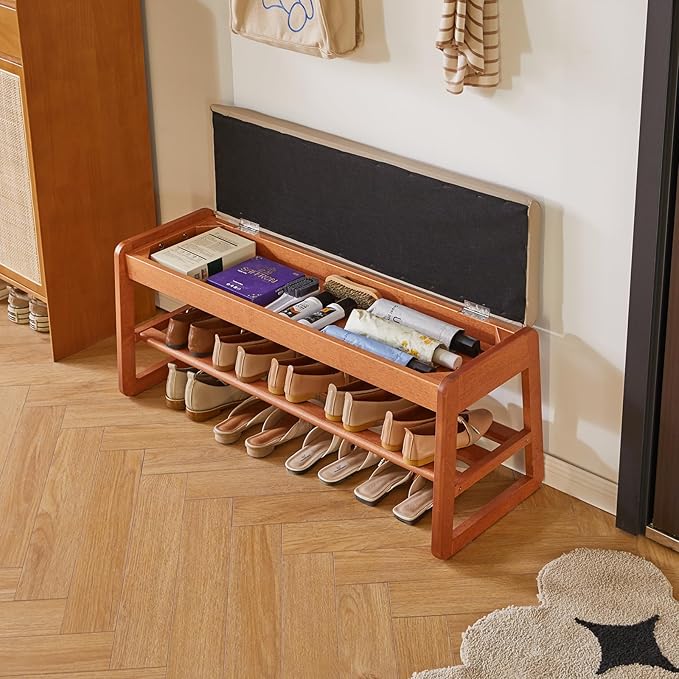 Wood Shoe Bench with Flip-Top Storage, 2 Tier Entryway Shoe Bench, 39.37in Shoe Rack with Cushion for Living Room, Cherry Wood Color YD-WD062C