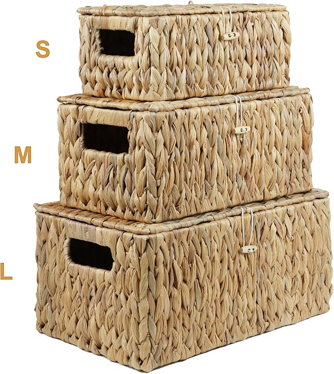 Large Wicker Basket with Lid, Rectangular Water Hyacinth Storage Baskets for Organizing, Woven Basket for Storage, Decorative Boxes Bins with Lids Home Organizer Decor