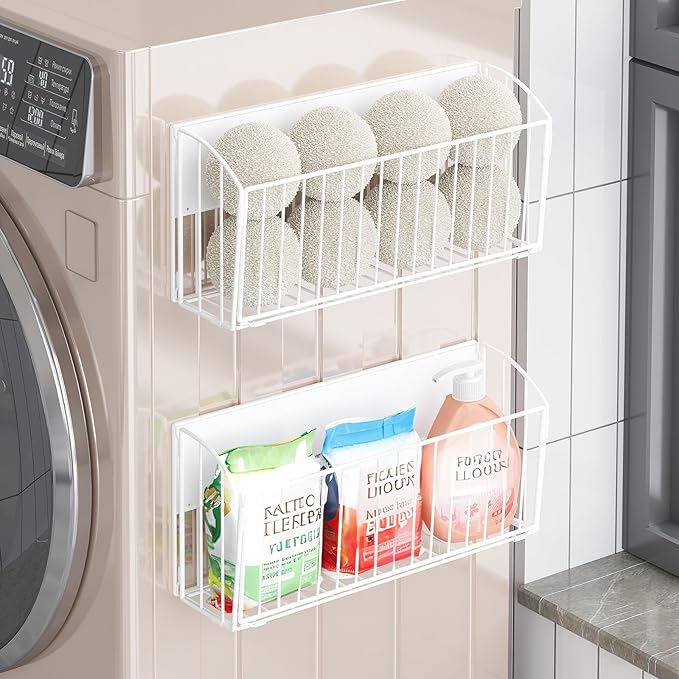 Magnetic Wool Dryer Ball Holder, Magnetic Basket for Laundry Detergent, Magnetic Shelves for Side of Washer Dryer Refrigerator, Laundry Room Organization and Storage (White, L14.96'', W4.41'', H7.2'')
