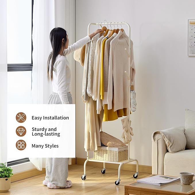 FILWH Rolling Coat Rack with Storage Shelf Freestanding Coat Rack Hall Tree with 6 Hooks for Entryway, Bedroom Metal Clothes Hanger Stand for Hats, Jackets, Bags,Shoes (White, Single-layer)