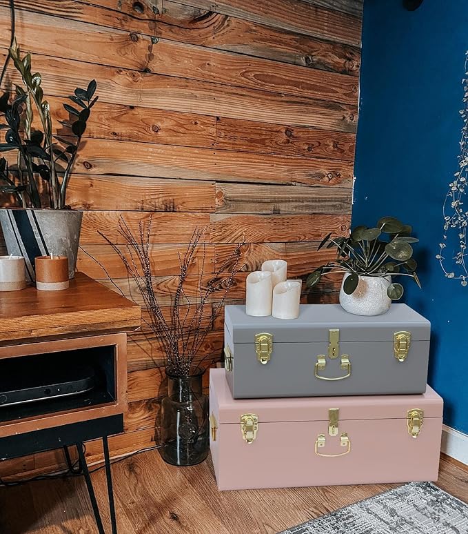 Vixdonos Decorative Metal Box Storage Trunks Set of 2 College Dorm Chest with Lock Hole,23.7X14.2X9.5 Inches(Grey and Pink)