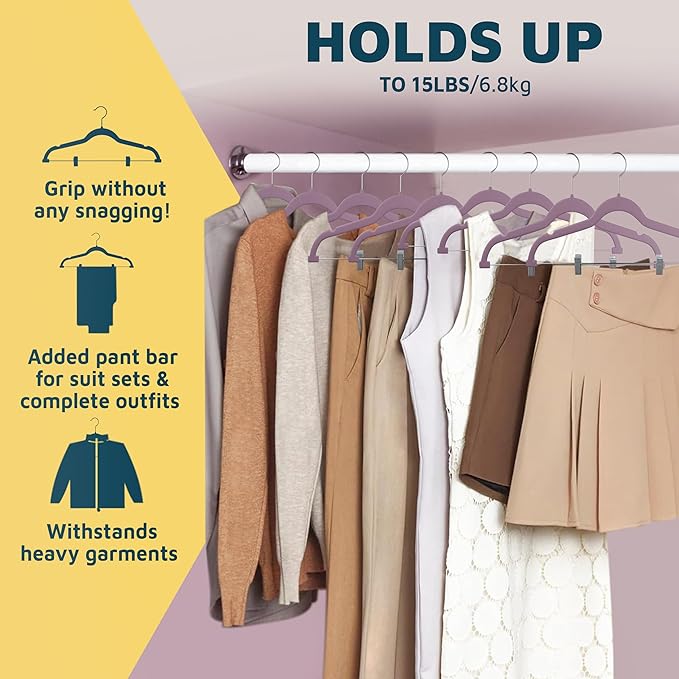 Lifemaster Velvet Skirt Hangers – with Adjustable Clips, 360 Degree Swivel Hook, and Non-Slip Shoulder Notch, Holds Up to 10 lbs, for Organizing Skirt, Pants, Dress, and Clothes, Pack of 30, Purple