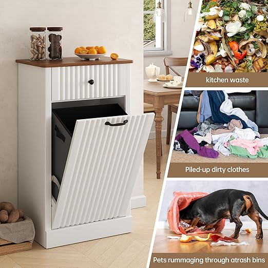 Fluted Tilt Out Laundry Hamper Cabinet, 10 Gallon Hidden Trash Can Cabinet, Wooden 2 in 1 Tilt Out Garbage Can for Kitchen, Bathroom (Antique White, Single)