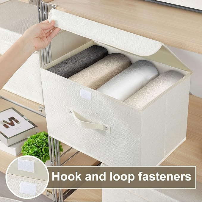 Fabric Storage Bins Cube Organizers with Flip-Top Lid and Handles,Storage Boxes for Organizing Home,Office,and Closet,Beige,5 Pack 15 x 9.8 x 9.8 in