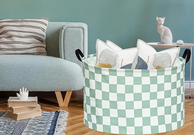 Sage Checkered Storage Basket Extra Large 80L Kids Hamper Baby Laundry Basket Waterproof Toys Car Organizer Collapsible Canvas for Home/Dorm/Pet/Office/Closet/Shelf/Gift Baskets