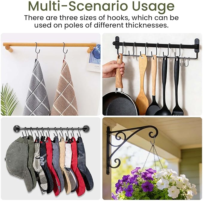 18 Pack S Hooks for Hanging, Variety Sizes 6 PCS Large 4"/ 6 PCS Medium 3"/ 6 PCS Small 2.4" Pot Hooks for Rack Hanging Pans Pots, Heavy Duty Metal S Hooks for Hanging Clothes Bags Towels Plant