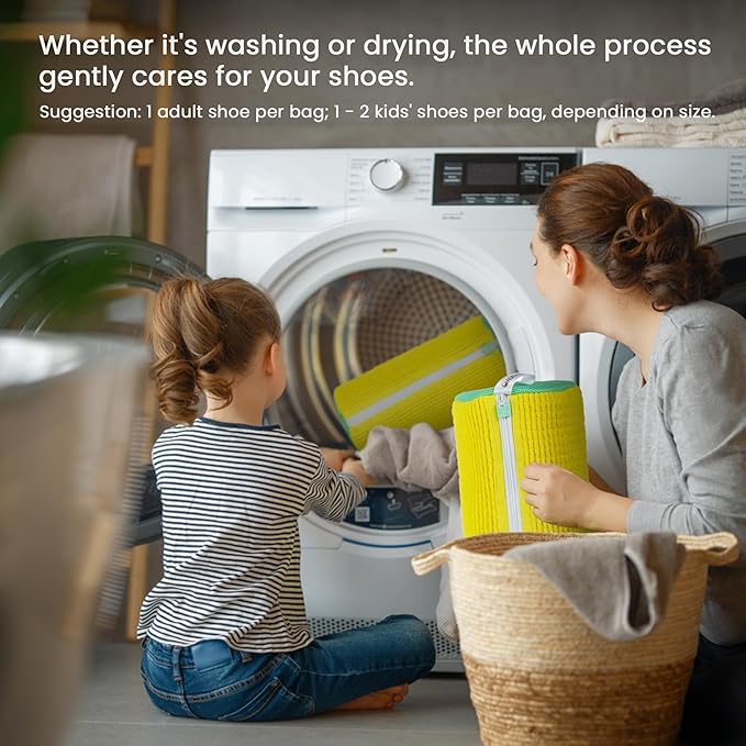 2Pcs Shoe Washing Machine Bag, Sneaker Laundry Bag for Washing Machine, Extra Long and Thick Microfibre Fluff, Reusable for Washer and Dryer (2pcs, Bright yellow Green)