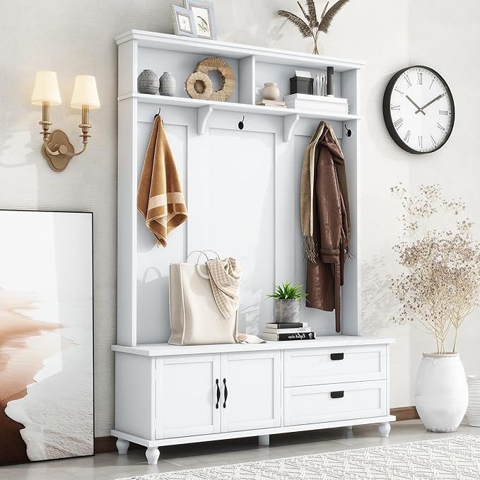 80.3" Tall Hall Tree with Storage Cabinet and 2 Large Drawers, Modern Wooden Coat Hanger with 5 Coat Hooks and 2 Open Shelfs, Storage Bench, Entryway Bench