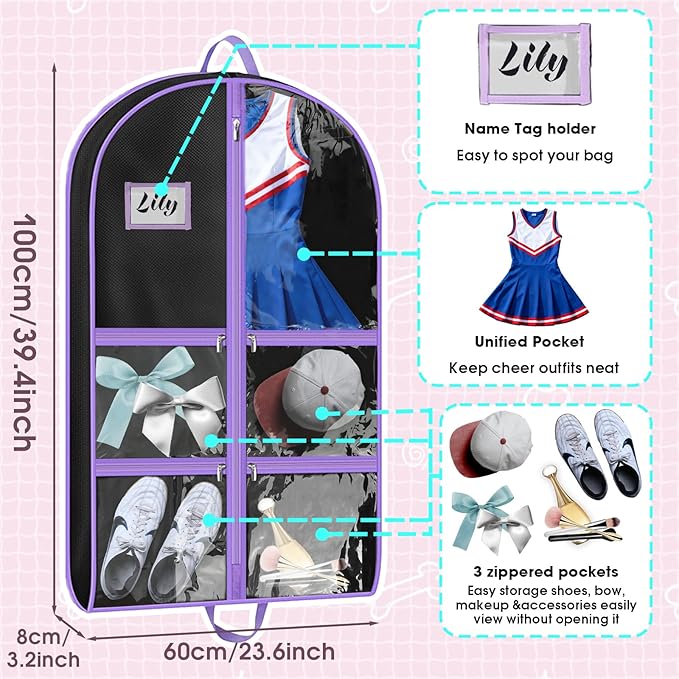 Cheer Garment Bags, Garment Bag, Hanging Clothes Bag,Waterproof Multifunctional Dust Cover with 4 Transparent Pockets & Business Card Bag,Install for Dance Costumes Storage Travel