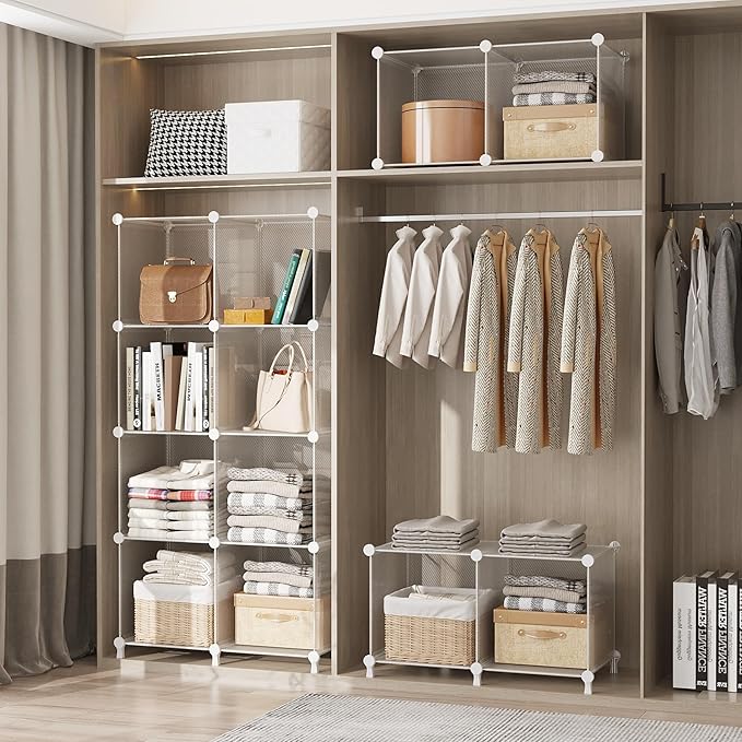 AWTATOS Cube Storage Organizer, 16 Cube Closet Organizers and Storage Shelves, DIY Stackable Bookshelf for Bedroom, Home, Translucent Twill
