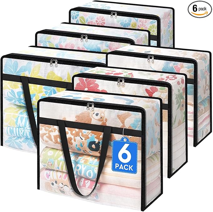 BlissTotes 6 Pack Clear Clothes Storage Bags, Moving Bags, Foldable Blanket Storage Under Bed Storage Containers with Sturdy Zipper and Handle for Clothing, Comforter, Bedding, Sheet (90L)