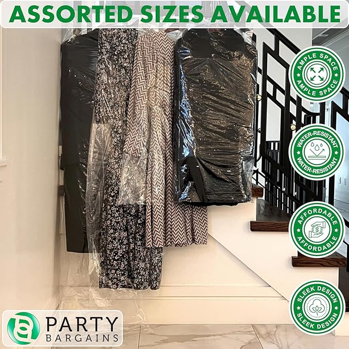 PARTY BARGAINS 40 x 20 Inch Disposable Clear Garment Bags, 50 Pack – Heavy-Duty Plastic Clothes Covers for Suits Dresses Coats, Closet & Travel