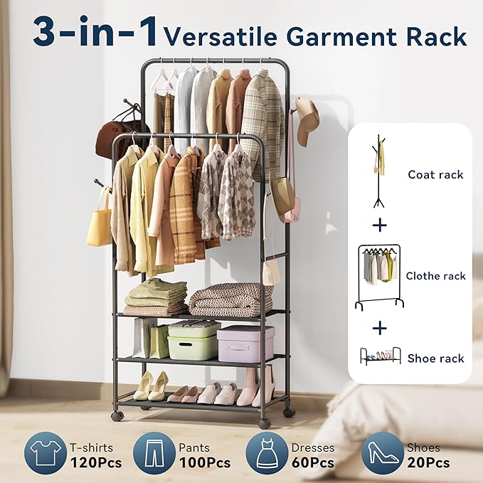 Whitmor Double Rod Clothes Rack: Metal Rolling Clothing Racks for Hanging Clothes, Heavy Duty Garment Rack with 3 Shelves, Portable Clothes Organizer for Bedroom, Laundry, Living Room, Black