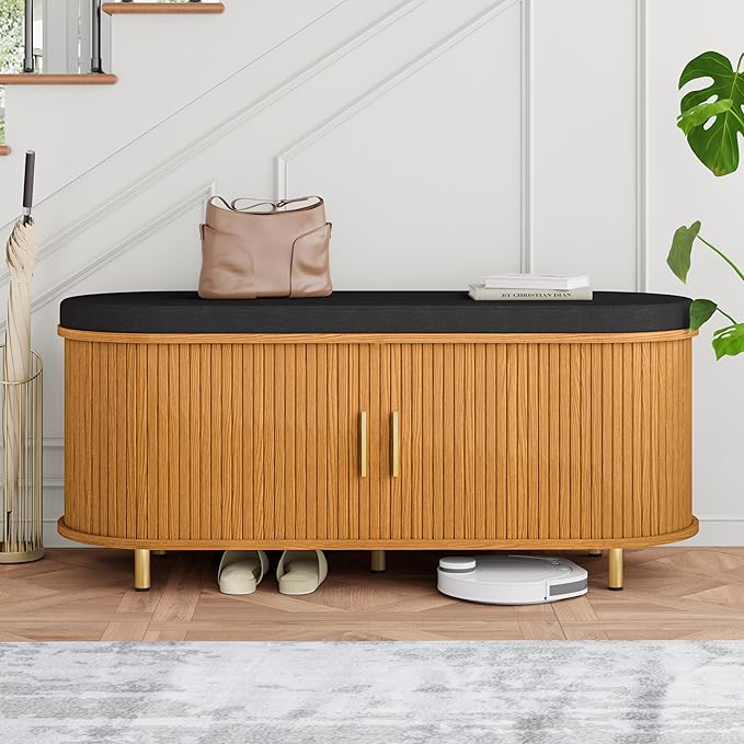 DHH 2-Tier Storage Bench, 43.3" Wide Shoe Bench with Thickened Padded Seat Cushion, Mid Century Modern Fluted Sliding Door and Adjustable Shelf, for Entryway, Living Room, Bedroom(Yellow Walnut)