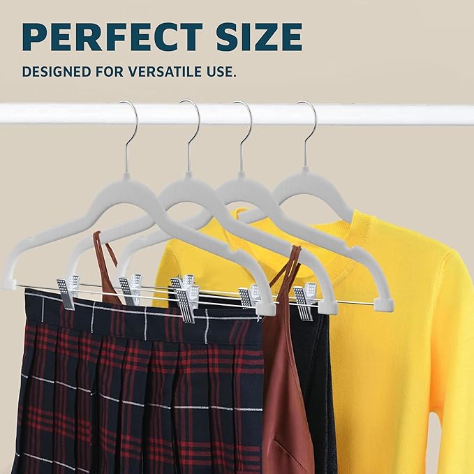 Lifemaster Velvet Skirt Hangers – with Adjustable Clips, 360 Degree Swivel Hook, and Non-Slip Shoulder Notch, Holds Up to 10 lbs, for Organizing Skirt, Pants, Dress, and Clothes, Pack of 50, White