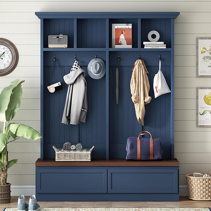 Hall Tree with Storage Bench, Farmhouse 4-in-1 Hall Tree with Wood Grain Bench, 2 Large Drawers, 6 Black Hooks, 4 Storage Compartments, Mudroom Versatile Coat Rack for Hallway, Living Room