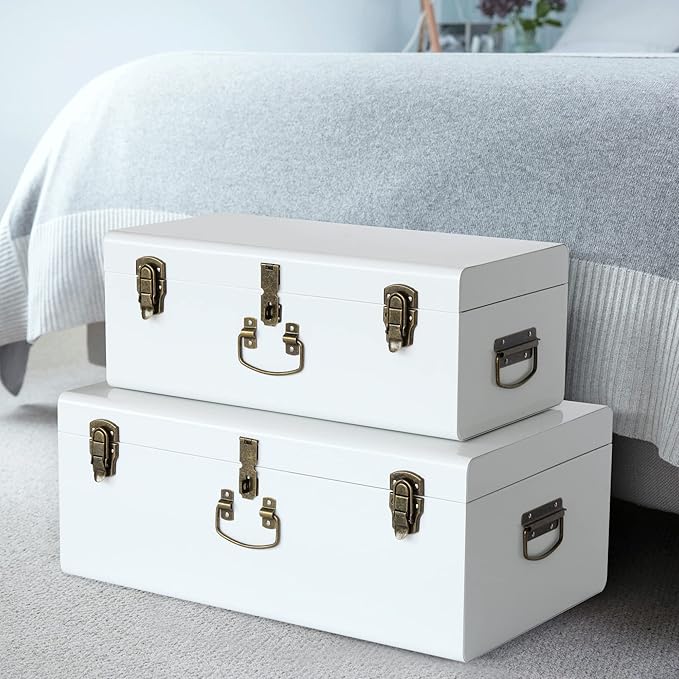 Vixdonos Decorative Metal Box Storage Trunks Set of 2 College Dorm Chest with Handle (White with Bronze Latches)