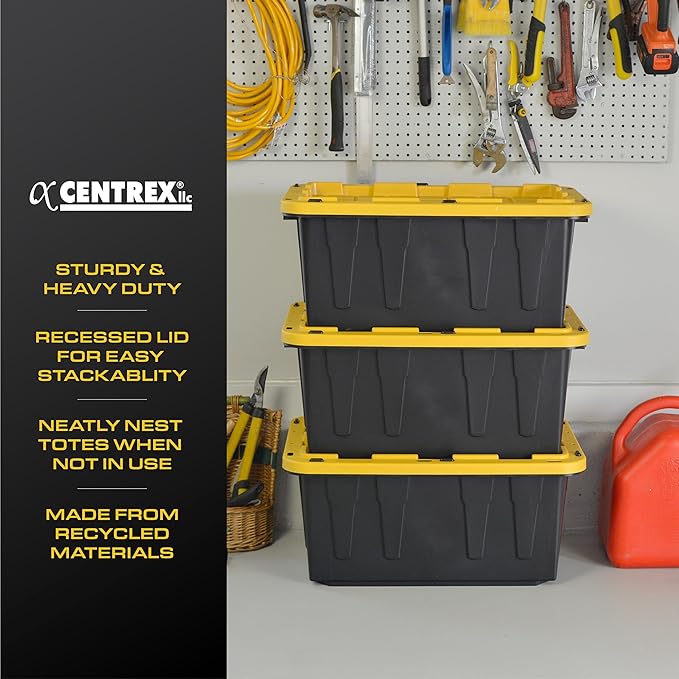 BLACK & YELLOW, 17-Gallon Heavy Duty Storage Bins with Lids, Stackable Plastic Storage Bins with Weather-Resistant Design, Home Organization, 2 Pack (12.5H x 18W x 26.9D)