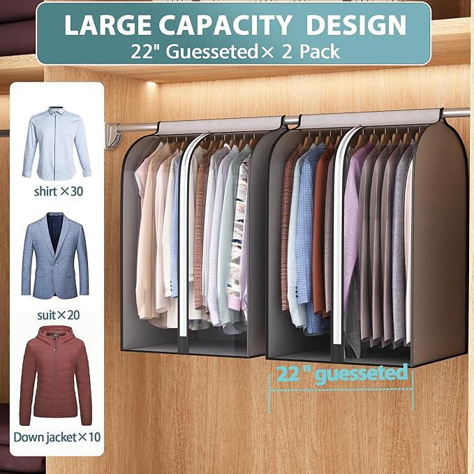 22” Gusseted Garment Bags for Hanging Clothes, Large Clear Window Clothes Cover for Closet Storage, Wardrobe Coat Protector for Suit, Shirt Bottom Enclosed, 2 Pack, 32” Long