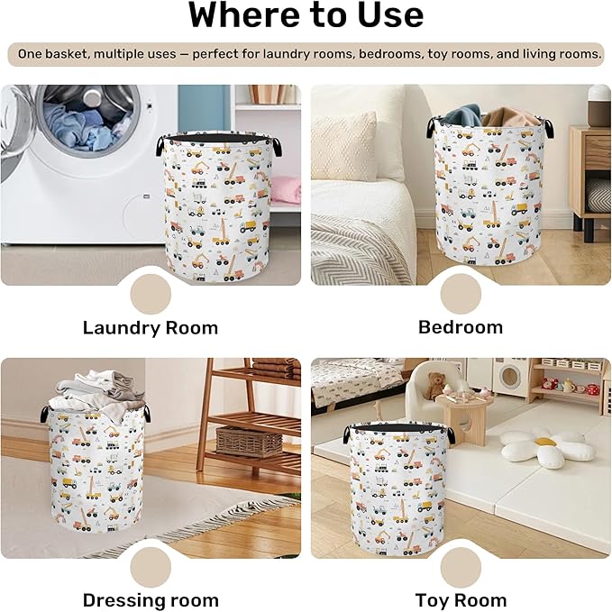 Cartoon Construction Vehicle Foldable Canvas Laundry Basket with Handles - Toy Organizer, Heavy Duty for Home，Bedroom, Dorm, Bathroom