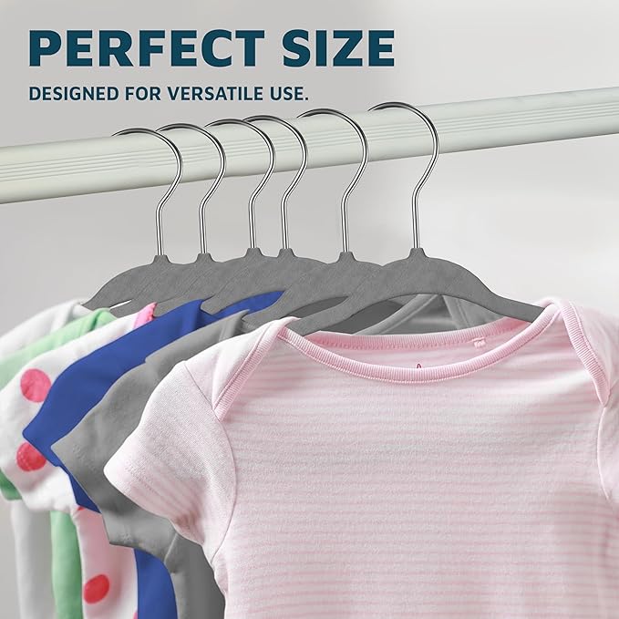 Gray Velvet Kids Hangers 50 Pack, 10.83" Non-Slip Baby & Toddler Hangers for Clothes, Space-Saving Slim ABS Plastic with 360° Swivel Hook & Notched Shoulders, Up to 10 lb Capacity
