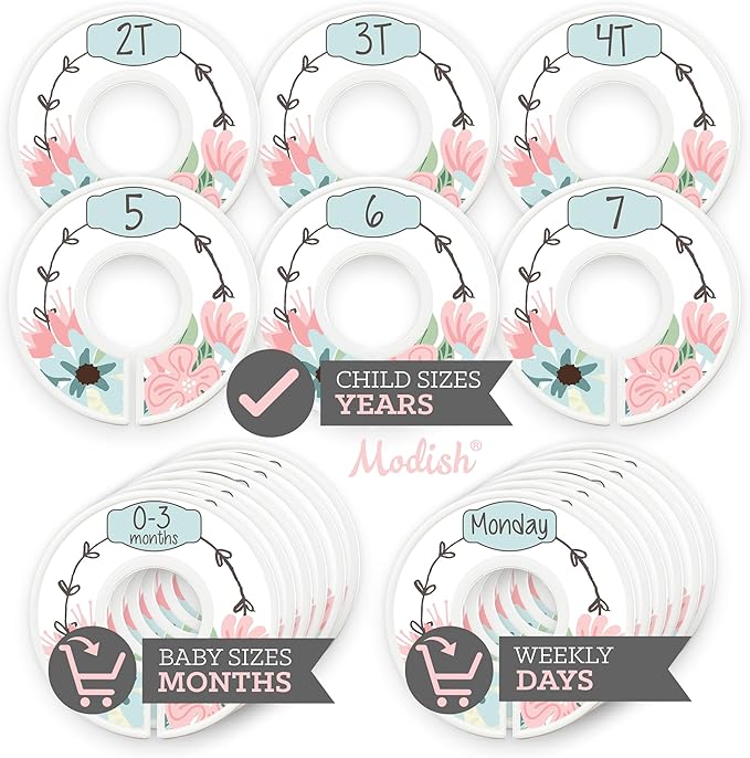 Kids Closet Organizers and Storage, Baby Toddler Child Hanging Clothes Size Dividers: Months & Years, Kids Clothes Organizer, Girl Boho Chic Vintage Blue Floral Baby Nursery and Children Room Décor