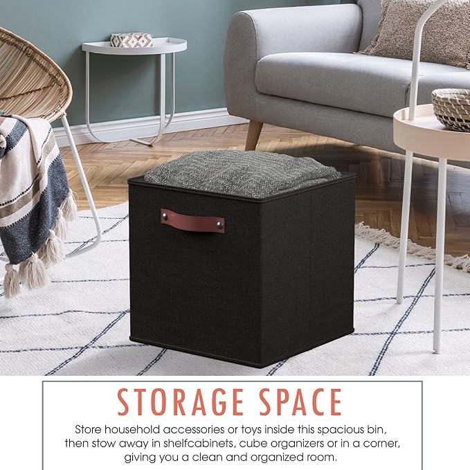 Ornavo Home 13 x 13 Storage Cube Bins, Foldable Collapsible Fabric Storage Bins Box Linen Shelf Basket Cube Organizer for Closet with Leather Handles, 6 Pack, Black