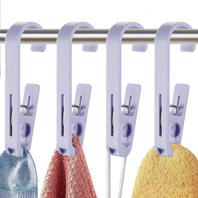 XoYoZo Laundry Hooks with Clips Hanger Closet Organizer Clamps Socks Boot Bras Towels for Bathroom Wardrobe Kitchen Office 4Pcs (Purple)