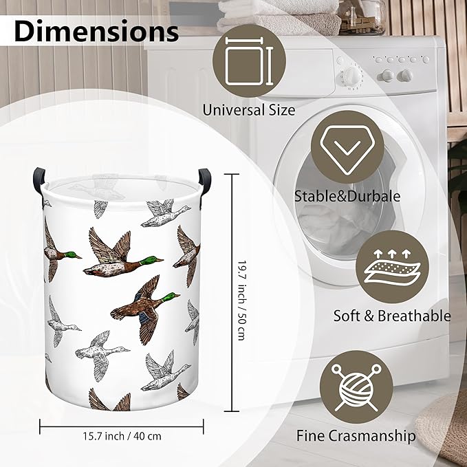 Mallard Duck Laundry Basket, Collapsible Waterproof Oxford Cloth Laundry Hamper, Funny Round Kids Toys Storage Basket as Room Decor, Cute Duck Dirty Clothes Hamper for Bedroom Bathroom (Brown)