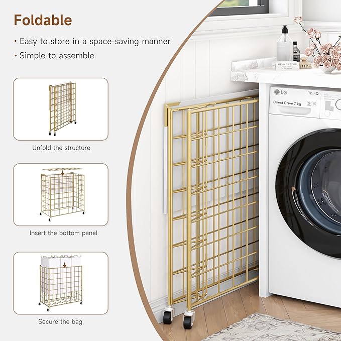 Laundry Basket with Wheels, Heavy Duty Laundry Sorter 3 Sections, 140L (37Gal.) Large Capacity Laundry Hamper with Wood Lid, 360 Rolling Wheels, Extra Side Pocket, Leather Pull Handle, Golden+Beige