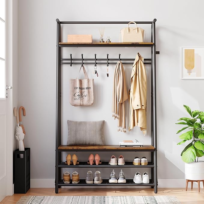 Coat Rack Shoe Bench with Single-Row 6 Hooks 100cm Width, 3-Tier Shelf Entryway Hall Tree with Storage, Metal Frame Multifunctional Organizer, 4-in-1 Coat Rack for Bathroom, Hallway.Brown.