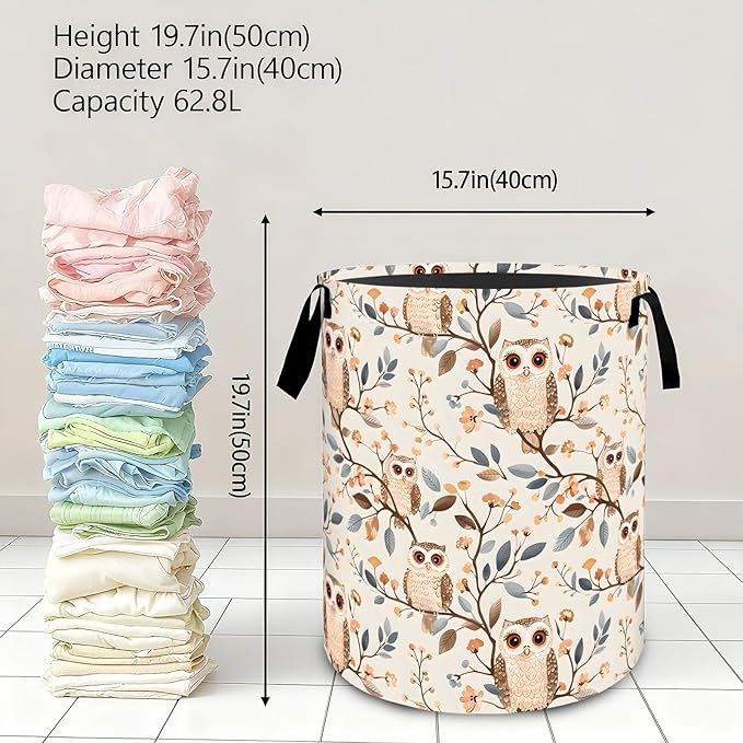 Cute Owl Laundry Basket,Dirty Clothes Hamper,Forest Bird on Branch Storage Bin,Nature Lovers Gifts,Foldable Waterproof Oxford Cloth Baskets for Bathroom,Bedroom,Home Decoration(19.7" x 15.8")