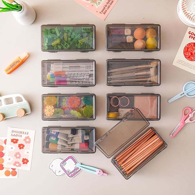 Black Translucent Pencil Cases and Pencil Boxes, 8-Pack Stackable Plastic Pencil Box with Snap Lid – Large Marker Organizer for Art Supplies and Desk Organization – Black Rectangular Large