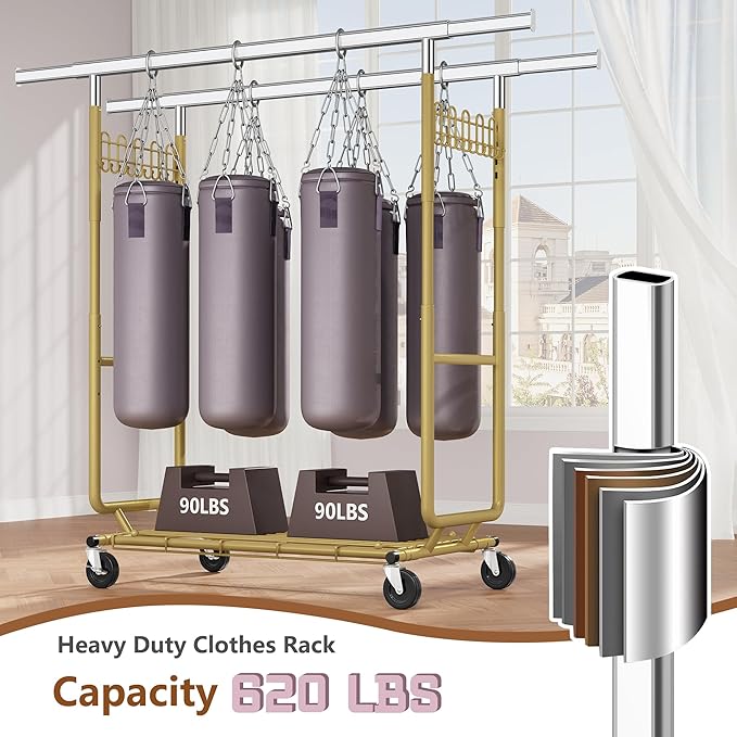 Hoctieon 2-Minute Assembly Double Rod Clothes Rack, Heavy Duty Rolling Clothing Racks with Wheels, Foldable Commercial Garment Rack, Extendable Hanging Bar, Adjustable Metal Pole with Hooks, Gold