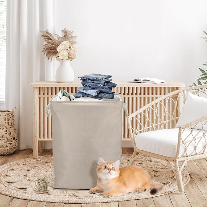 Collapsible Linen Look Fabric large Storage & Laundry Hamper with Drawstring - Durable Laundry Basket Laundry Bag Foldable Space Saving Basket Toy Basket, Dust Proof & Stackable, Beige