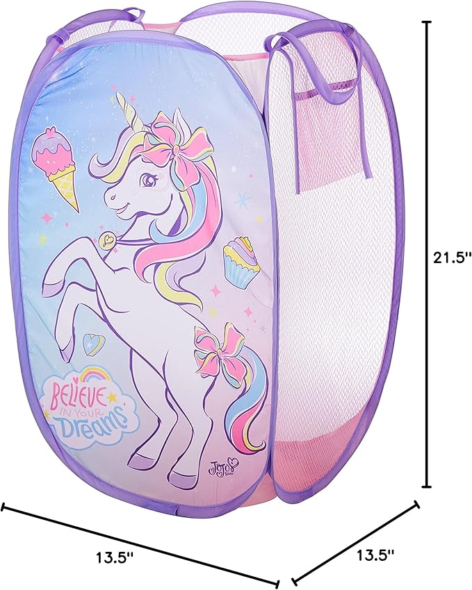 Idea Nuova JoJo Siwa Bow Unicorn Believe in Your Dreams Pop Up Hamper with Durable Carry Handles, 21'' H x 13.5'' W X 13.5'' L
