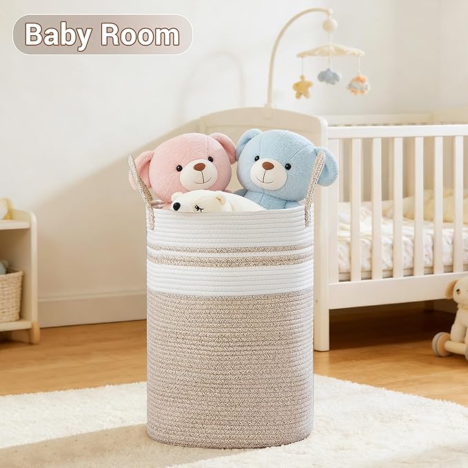 Tall Laundry Basket with Handles, 72L Portable Dirty Clothes Hamper, Boho Cotton Rope Storage Bin for Blankets Kids Toys Gifts, Large Organizer for Baby Nursery Bedroom Bathroom, New Brown