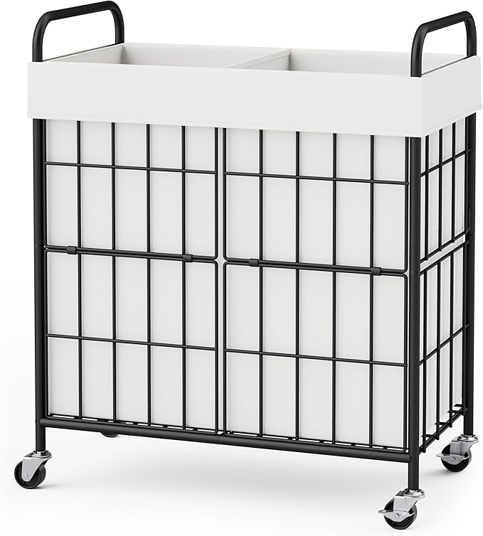 2 Section Laundry Hamper with Wheels and Brake, 100L Laundry Sorter Cart with 2 Removable Machine Washable Liner Bags, Metal Handle, Rolling Laundry Basket with Lid for Bedroom Laundry Room
