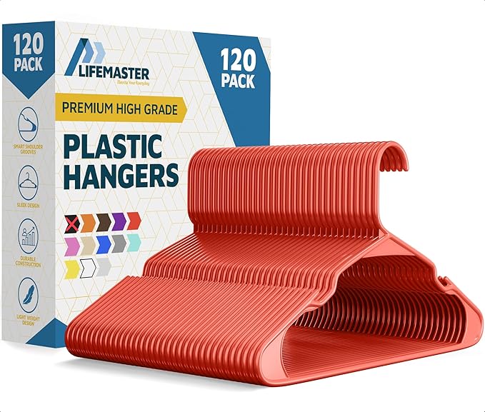 Lifemaster Plastic Clothes Hangers – Heavy Duty Hanger Set, for Organizing Clothes, Dresses, and Coat, Holds Up to 5 lbs, Space-Saving Hangers with Non-Slip Shoulder Grooves, Pack of 120, Red